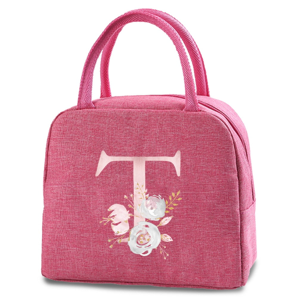 Canvas Lunch Box Bag New Pink Flower Cooler Picnic Bag Fashion Lunch Bag School Food Insulated Dinner Bag Camping Travel Handbag