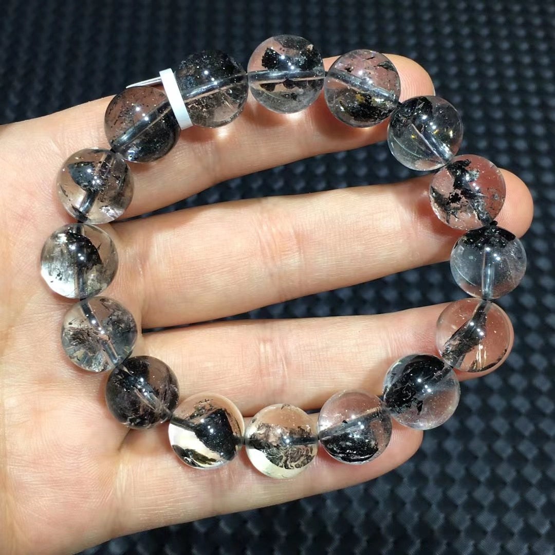 Natural Herkimer Diamond Black Rutilated Quartz Bracelet Rare Gemstone 13mm Clear Round Beads Woman Man Jewelry AAAAAAA