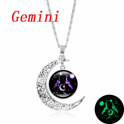 12 Constellation Luminous Necklace Zodiac Signs Jewelry Crescent Moon Pendant Glow In The Dark Necklace Birthday Gifts Women