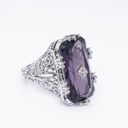 Silver Ring Chamfer Rectangular Amethyst Princess Gemstone Ring Hollow Flower Female Ring Jewelry For Women