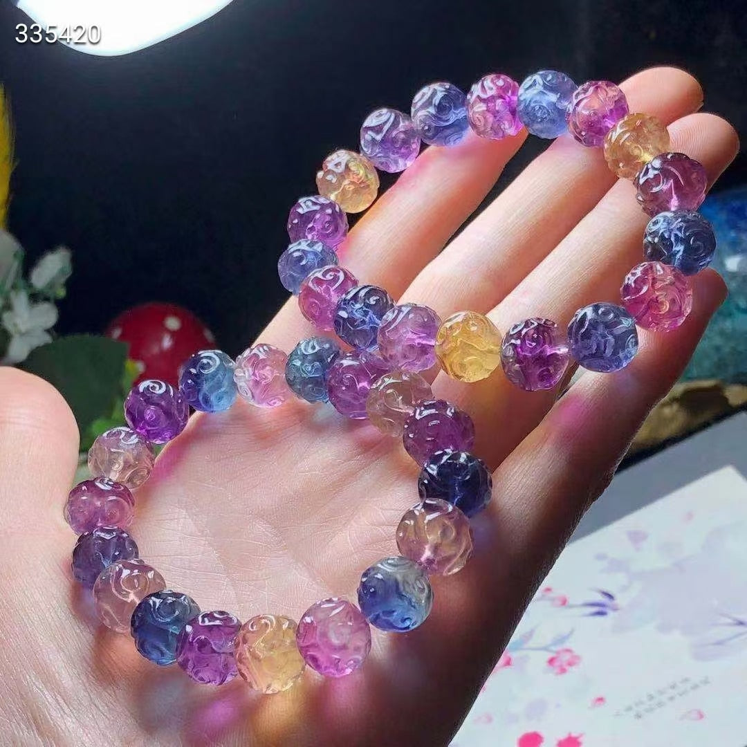 Natural Colorful Fluorite Quartz Clear Carved Beads Bracelet 12mm Blue Purple Fluorite Love Carved Fluorite Bracelet AAAAA