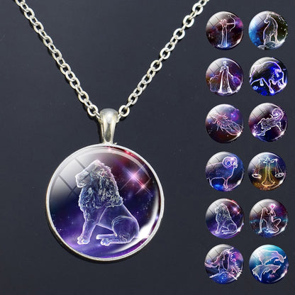 12 Zodiac Signs Glass Dome Constellations Pendant Necklace Fashion Jewelry Women Virgo Cancer Cancer Aries Gemini Birthday Gift