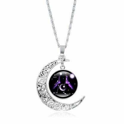 12 Constellation Luminous Necklace Zodiac Signs Jewelry Crescent Moon Pendant Glow In The Dark Necklace Birthday Gifts Women