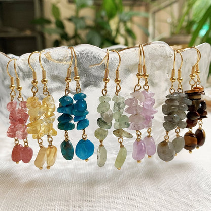 Irregular Ore Rock Natural Crystal Earring Chip Stone Long Tassel Pendulum Citrines Lapis Fluorite Purple Crystal Drop Earring