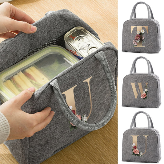 Thermal Lunch Dinner Bags Canvas Gold Letter Handbag Picnic Travel Breakfast Box School Child Convenient Lunch Bag Tote Food Bag