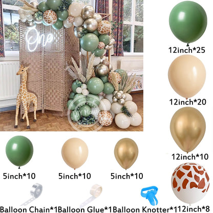 96pcs Balloon Arch Kit Green Gold Balloons With Deer Pattern Balloon Set for Kids Wild Animal Birthday Jungle Party Decorations