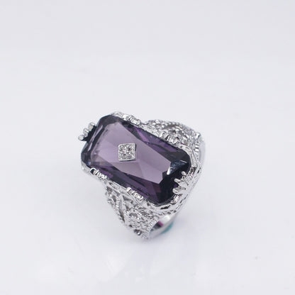 Silver Ring Chamfer Rectangular Amethyst Princess Gemstone Ring Hollow Flower Female Ring Jewelry For Women