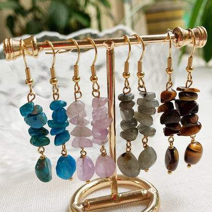 Irregular Ore Rock Natural Crystal Earring Chip Stone Long Tassel Pendulum Citrines Lapis Fluorite Purple Crystal Drop Earring