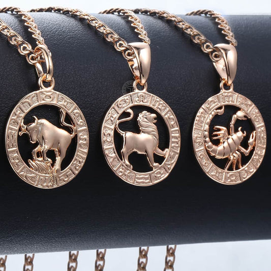 12 Zodiac Sign Constellations Pendants Necklaces For Women Men 585 Rose Gold Color Male Jewelry Fashion Birthday Gifts GPM16