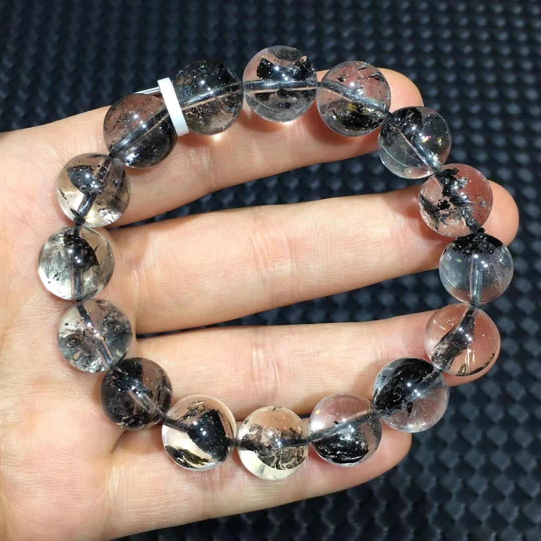 Natural Herkimer Diamond Black Rutilated Quartz Bracelet Rare Gemstone 13mm Clear Round Beads Woman Man Jewelry AAAAAAA