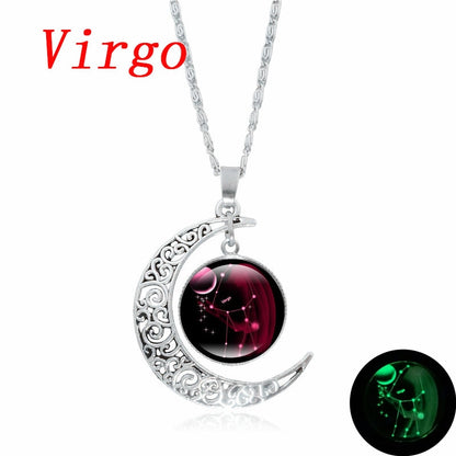 12 Constellation Luminous Necklace Zodiac Signs Jewelry Crescent Moon Pendant Glow In The Dark Necklace Birthday Gifts Women