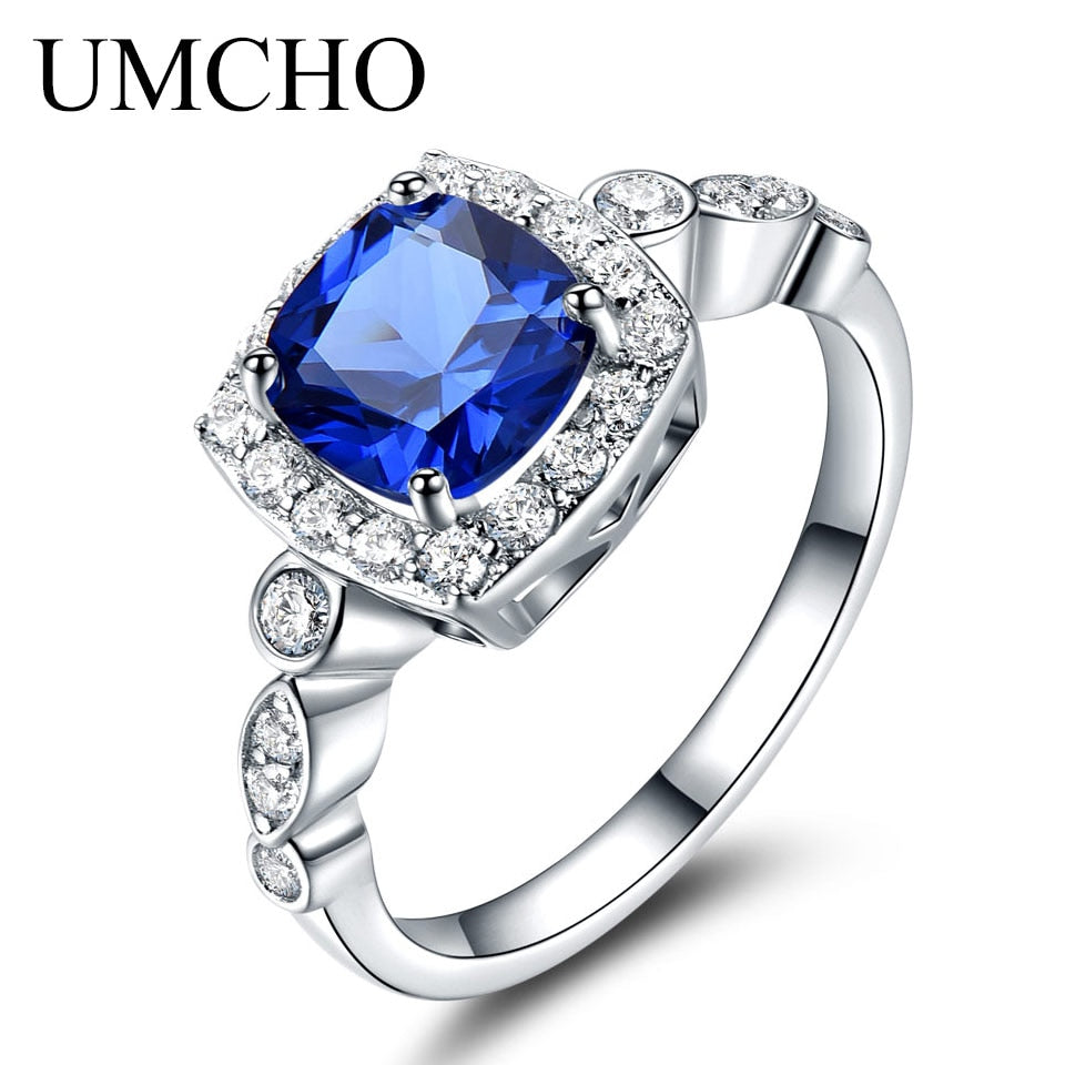 UMCHO  Real S925 Sterling Silver Rings for Women Blue Topaz Ring Gemstone Aquamarine Cushion  Romantic Gift Engagement Jewelry