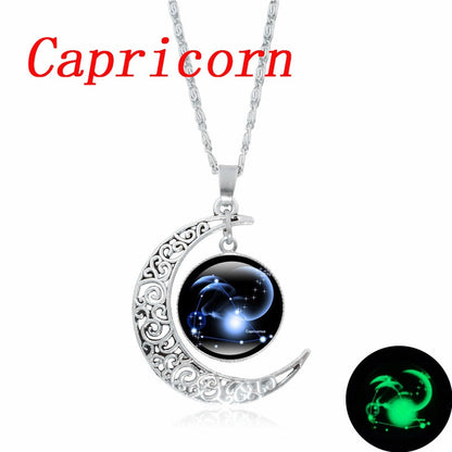 12 Constellation Luminous Necklace Zodiac Signs Jewelry Crescent Moon Pendant Glow In The Dark Necklace Birthday Gifts Women