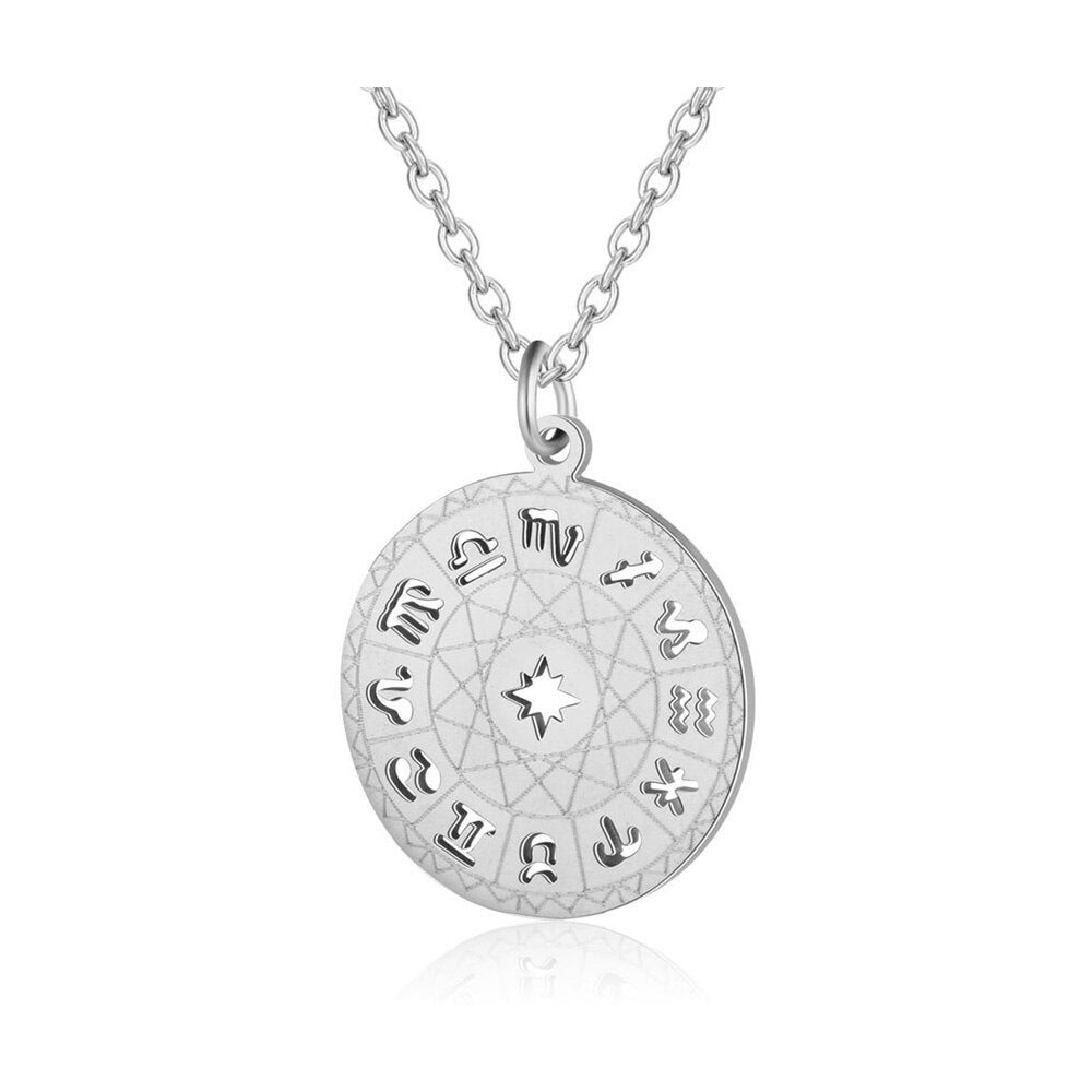 Stainless Steel Star Zodiac Sign 12 Constellation Compass Pendant Choker Necklace for Women Men Kids Birthday Gifts