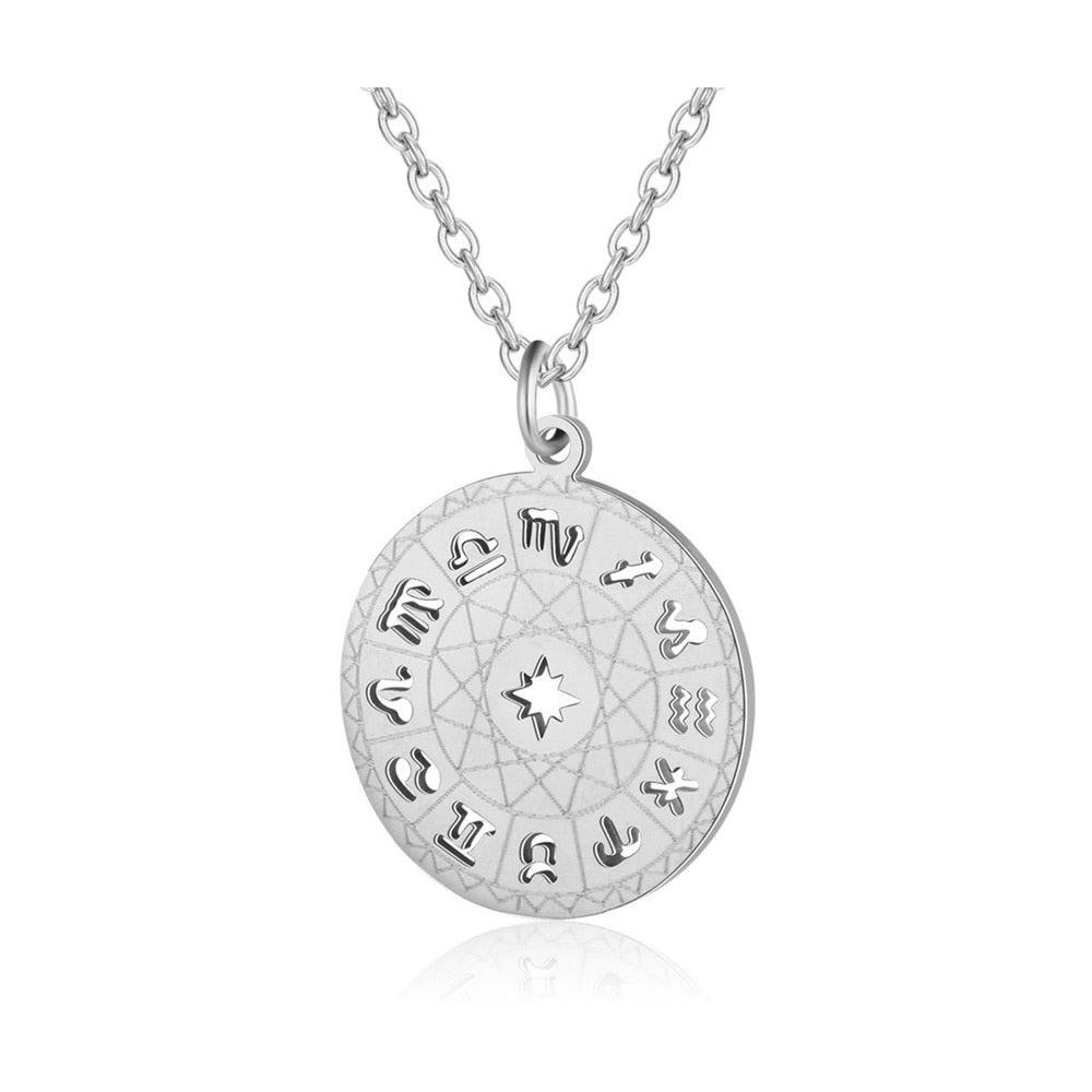 Stainless Steel Star Zodiac Sign 12 Constellation Compass Pendant Choker Necklace for Women Men Kids Birthday Gifts