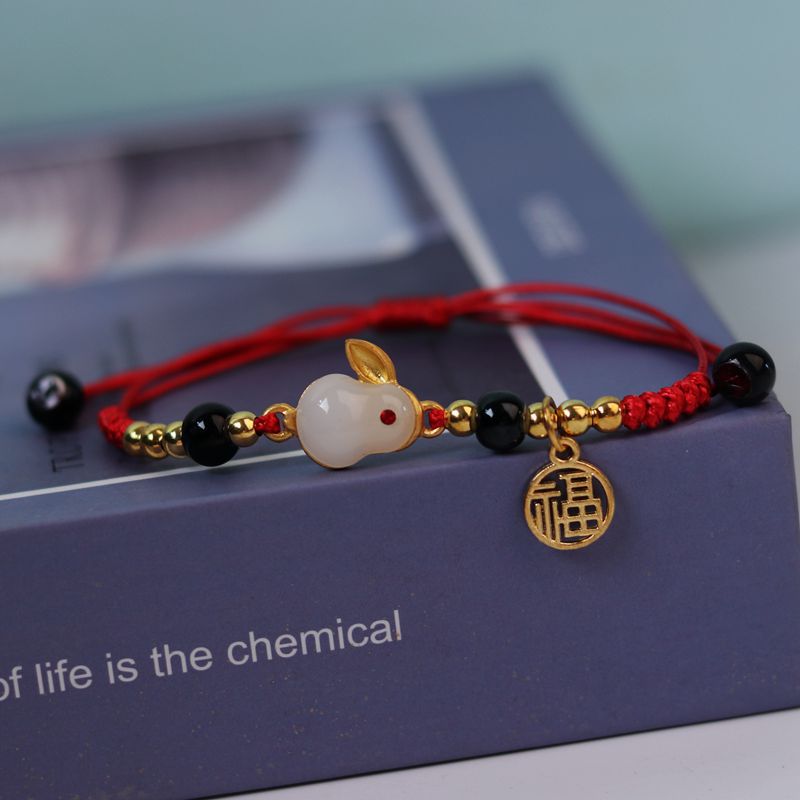 2023 Rabbit Year DIY Arts Crafts Bracelet Gift Red Black Rope Weave Lucky Zodiac Jade Rabbit for Woman Lovers Bracelets Jewelry