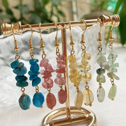 Irregular Ore Rock Natural Crystal Earring Chip Stone Long Tassel Pendulum Citrines Lapis Fluorite Purple Crystal Drop Earring