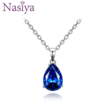 Nasiya Women's Fashion Necklaces Pendants Aquamarine Blue Sapphire Water Drop Gemstone Party Wedding Jewelry Gift