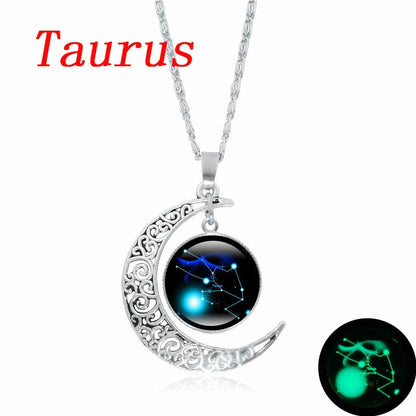 12 Constellation Luminous Necklace Zodiac Signs Jewelry Crescent Moon Pendant Glow In The Dark Necklace Birthday Gifts Women