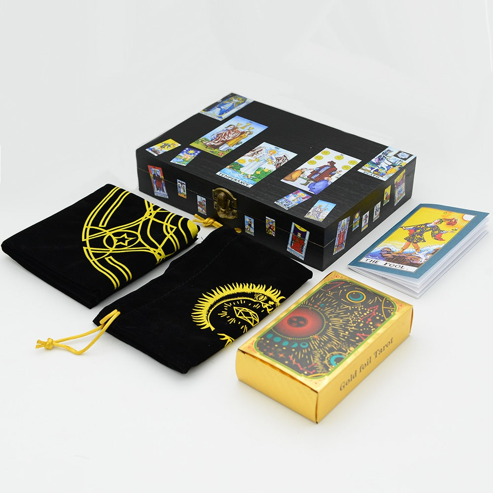 Gold Foil 12 * 7cm Wooden Box Tarot PVC Waterproof Wear-resistant Chess Board Game Card Divination Gift Box Set Luxury