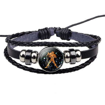 12 Constellation Leather Bracelet Zodiac Sign Handmade Glass Cabochon Black Punk Mens Jewelry Horoscope Astrology Birthday Gift