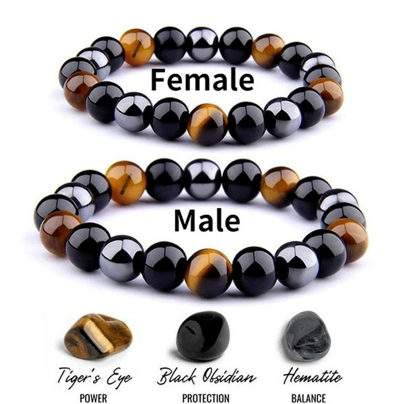 Natural Stone Bracelet Tiger Eye Triple Protection Hematite and Black Obsidian Bracelet Couples Bracelets Weight Loss Jewelry