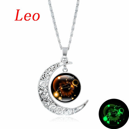 12 Constellation Luminous Necklace Zodiac Signs Jewelry Crescent Moon Pendant Glow In The Dark Necklace Birthday Gifts Women