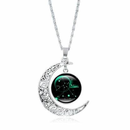 12 Constellation Luminous Necklace Zodiac Signs Jewelry Crescent Moon Pendant Glow In The Dark Necklace Birthday Gifts Women