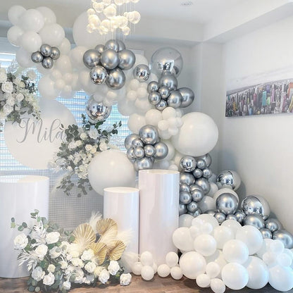 White Silver 4D Metallic Balloon Arch Garland Kit Wedding Baby Shower 28th Birthday Anniversary Bachelorette Party Decoration