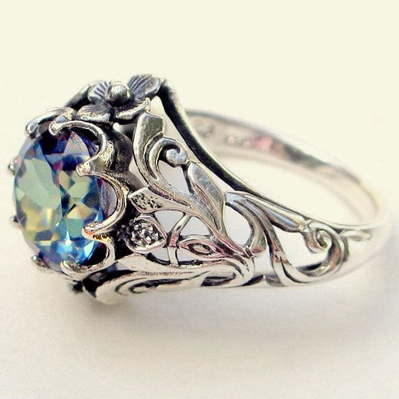 Colorful Hollow-out Ring Vintage Silver Fashion Jewelry Creative Gemstone Ring For Women
