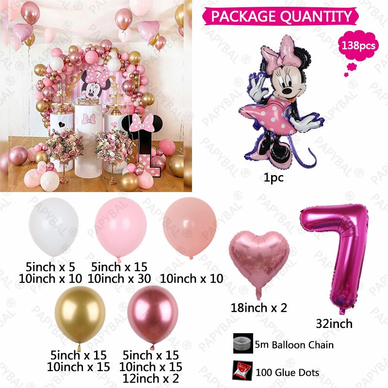 138pcs Disney Minnie Mouse Theme Party Balloon Arch Garland Kit Kids Girls 1 2 3th Birthday Party Decorations Baby Shower Globos