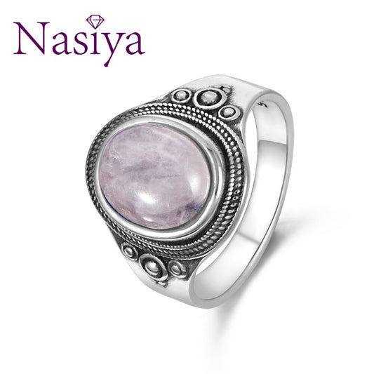 Nasiya Pink Natural 8x10MM Rose Quartz Women&#39;s Rings Silver Gemstone Jewelry Party Anniversary Birthday Gift Daily Life
