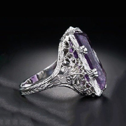 Silver Ring Chamfer Rectangular Amethyst Princess Gemstone Ring Hollow Flower Female Ring Jewelry For Women