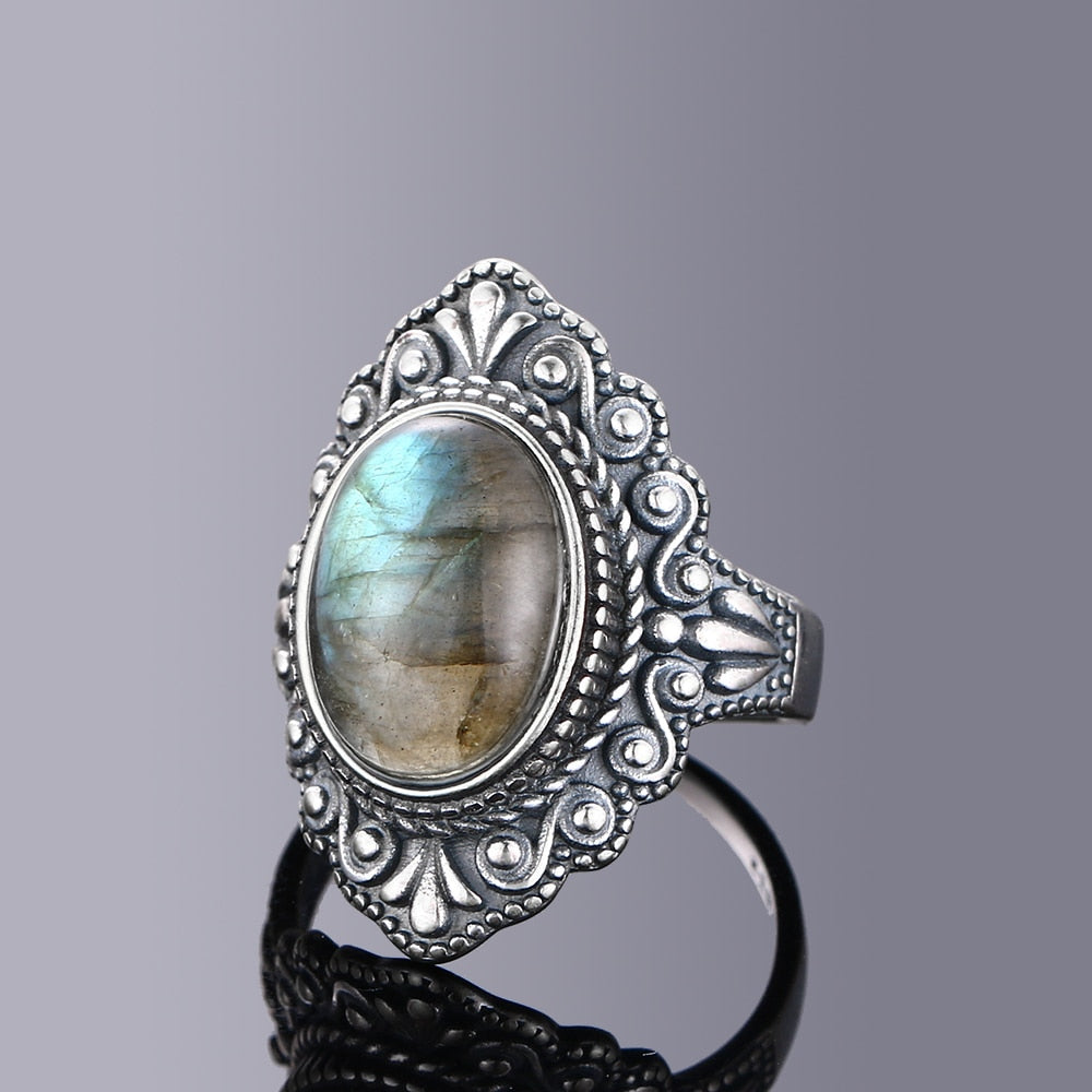Vintage Oval Natural Labradorite Rings For Women Silver Ring Jewelry Finger Ring Gemstone Rings Party Gift