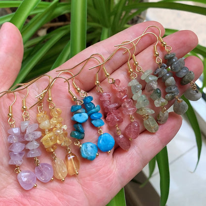 Irregular Ore Rock Natural Crystal Earring Chip Stone Long Tassel Pendulum Citrines Lapis Fluorite Purple Crystal Drop Earring