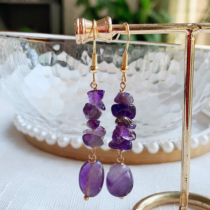 Irregular Ore Rock Natural Crystal Earring Chip Stone Long Tassel Pendulum Citrines Lapis Fluorite Purple Crystal Drop Earring