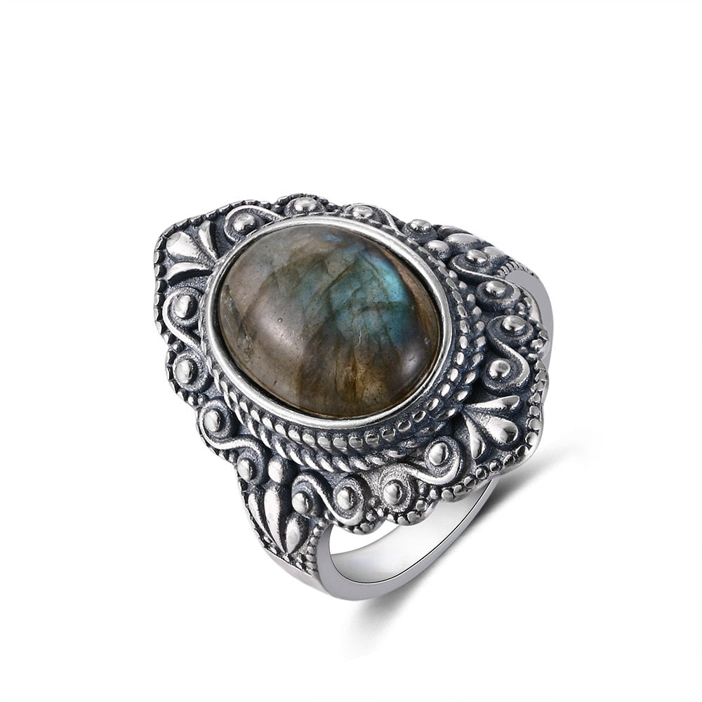 Vintage Oval Natural Labradorite Rings For Women Silver Ring Jewelry Finger Ring Gemstone Rings Party Gift