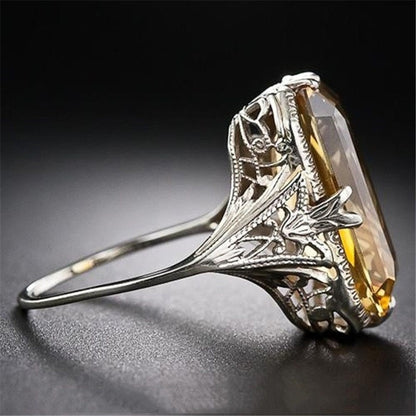 Citrine hollowed-out Carved Silver Rings Exaggerated Silver Hand Jewelry For Women Gemstone  Wedding Party Ring Wholesale