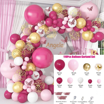 Pink Balloon Garland Arch Kit Butterfly Stickers Hot Pink Gold Latex Balloons for Birthday Wedding Party Baby Shower Decorations