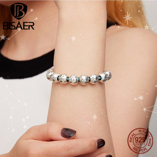 BISAER 925 Sterling Silver Charms Twelve Constellations Star Zircon Beads Charm Pendant Fit Women Bracelets Jewelry Fine GiFt
