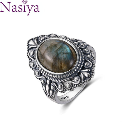 Nasiya Vintage Oval Natural Labradorite Rings For Women Silver Ring Jewelry Finger Ring Gemstone Rings Party Gift