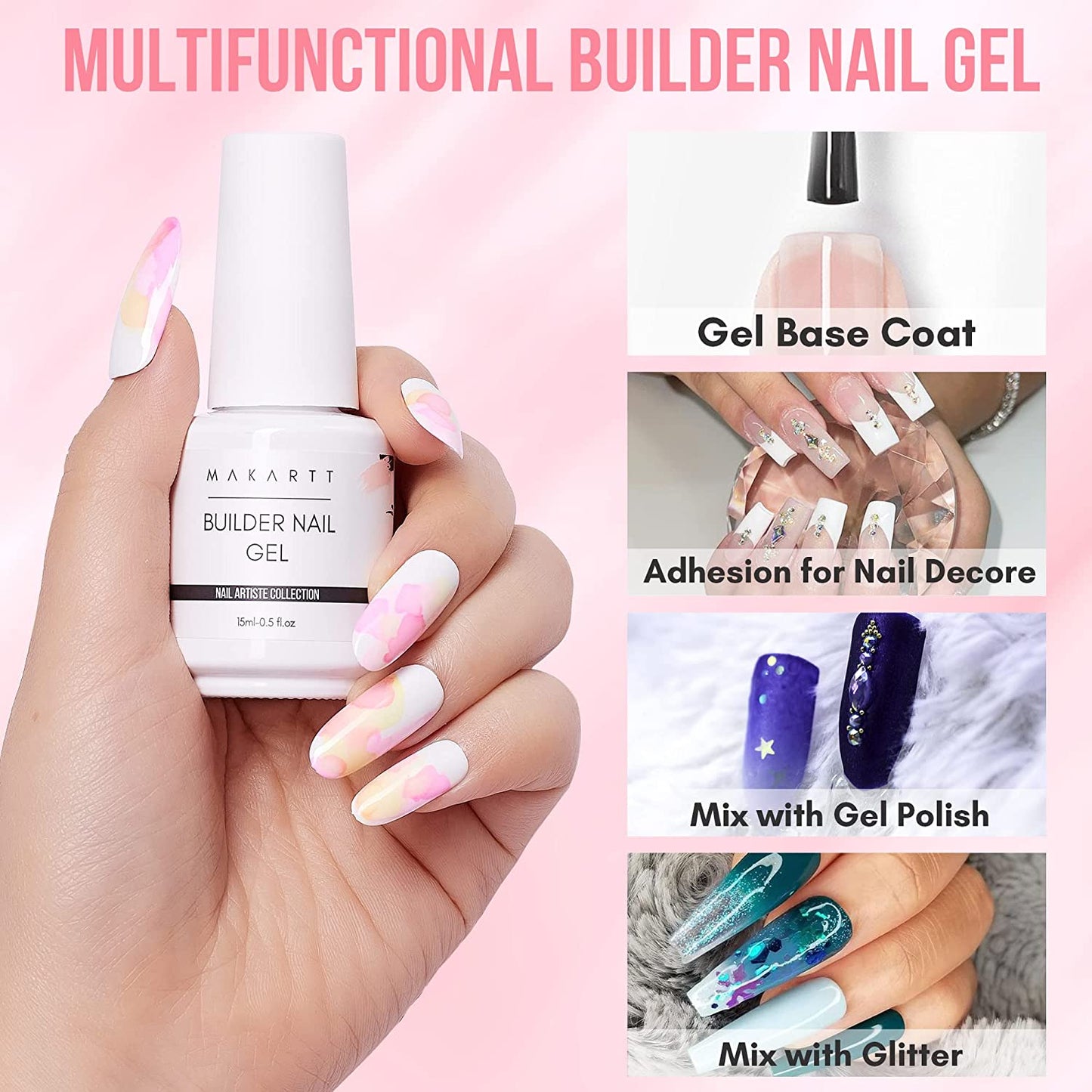 Makartt Builder Nail Gel 15ml 5 in 1 Multifunctional Clear Gel Nail Polish Base Coat Nail Strengthener Gel Nail Extension