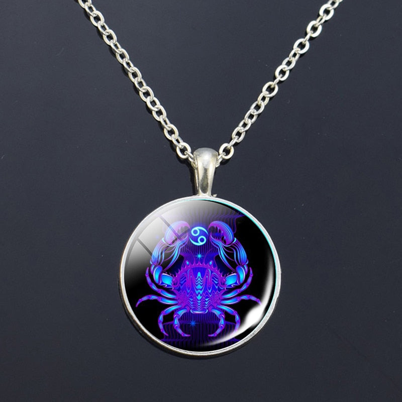 12 Zodiac Signs Glass Dome Constellations Pendant Necklace Fashion Jewelry Women Virgo Cancer Cancer Aries Gemini Birthday Gift
