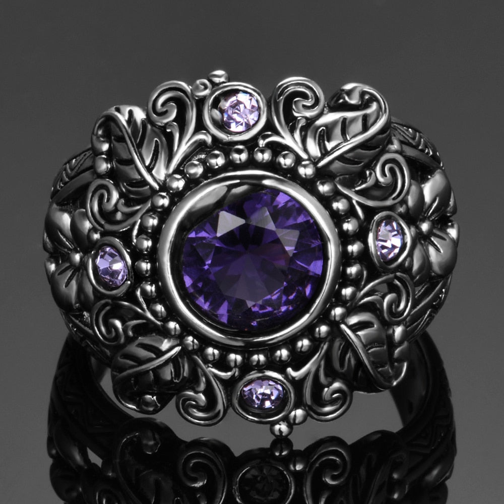 Vintage Jewelry 3ct Amethyst Silver Color Ring Round Cut Purple Nature stone Women Wedding Anel Aneis Gemstone Rings