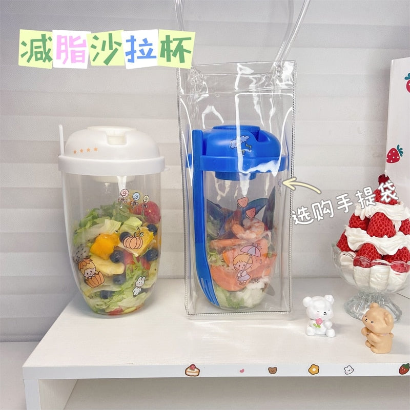 Breakfast Salad Cup Cereal Nut Yogurt Salad Cup Bottle Container with Fork Sauce Cup Lid Bento Tuppers Food Taper Bowl Lunch Box