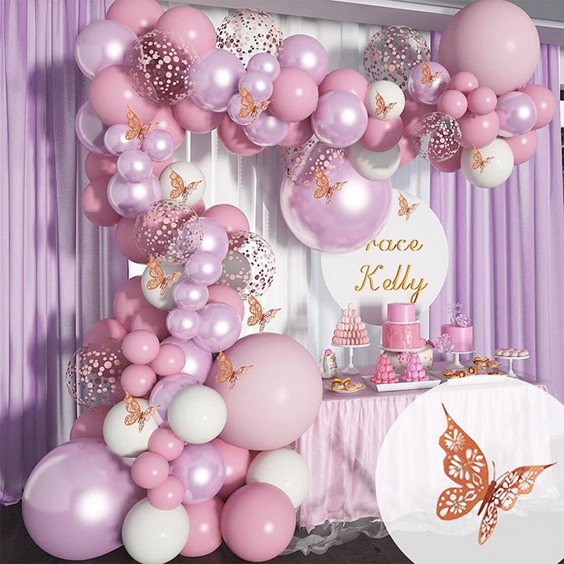 Pink Balloon Garland Arch Kit Butterfly Stickers Hot Pink Gold Latex Balloons for Birthday Wedding Party Baby Shower Decorations