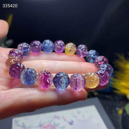 Natural Colorful Fluorite Quartz Clear Carved Beads Bracelet 12mm Blue Purple Fluorite Love Carved Fluorite Bracelet AAAAA