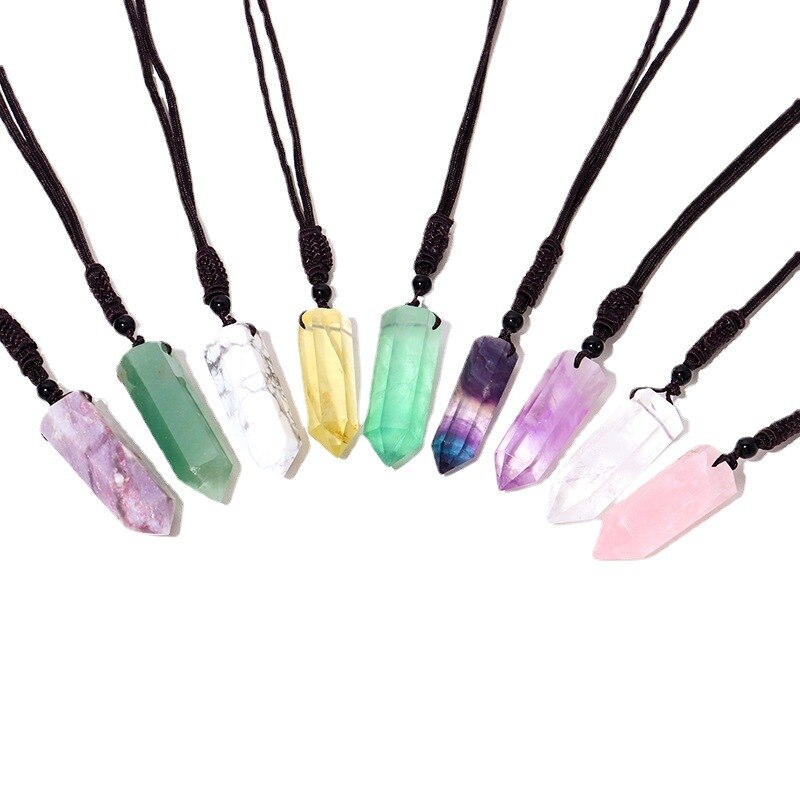 Big Size Natural Crystal Stone Pendant Necklace Hexagonal Point Amulet Pendulum Green Fluorite Citrines Purple Crystal Necklace