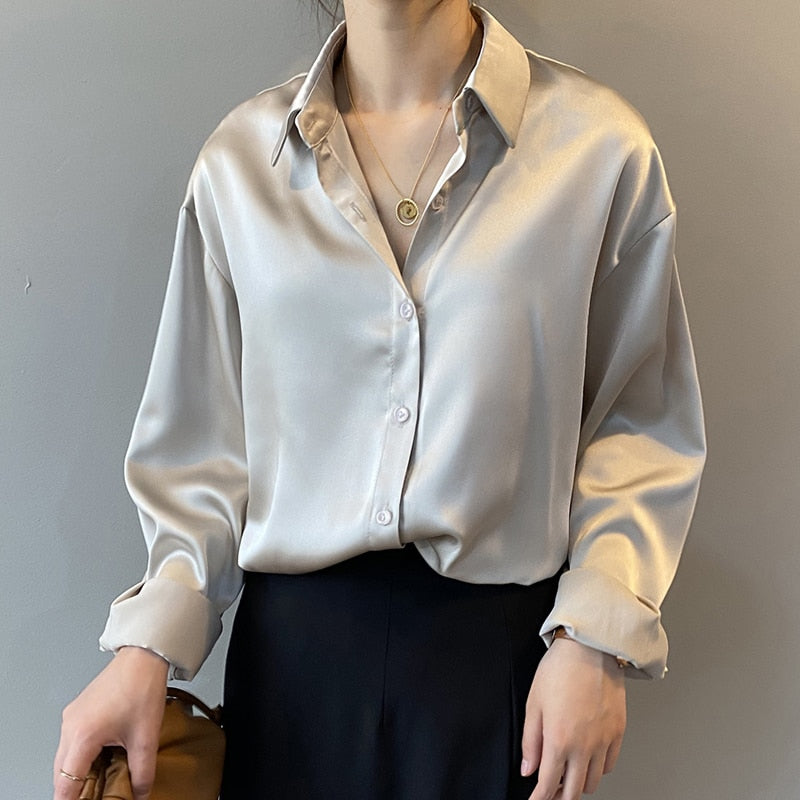 Autumn Fashion Button Up Satin Silk Shirt Vintage Blouse Women White Lady Long Sleeves Female Loose Street Shirts 11355