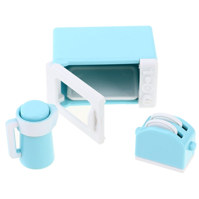 3Pcs/Set 1:12 Dollhouse Mini Microwave Oven Bread Maker Kettle Kit Kitchen Cookware Accessories Toys